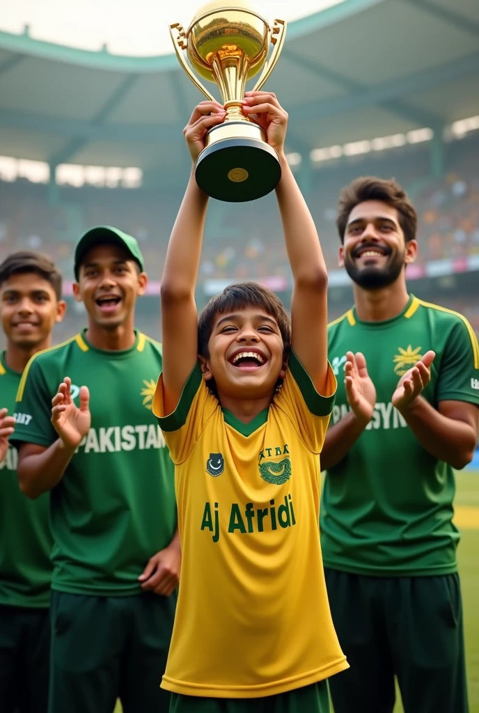 A boy wearing cricket kit name sada 55 on the back of the shirt Pakistan cricket kit on the pitch celebrateing