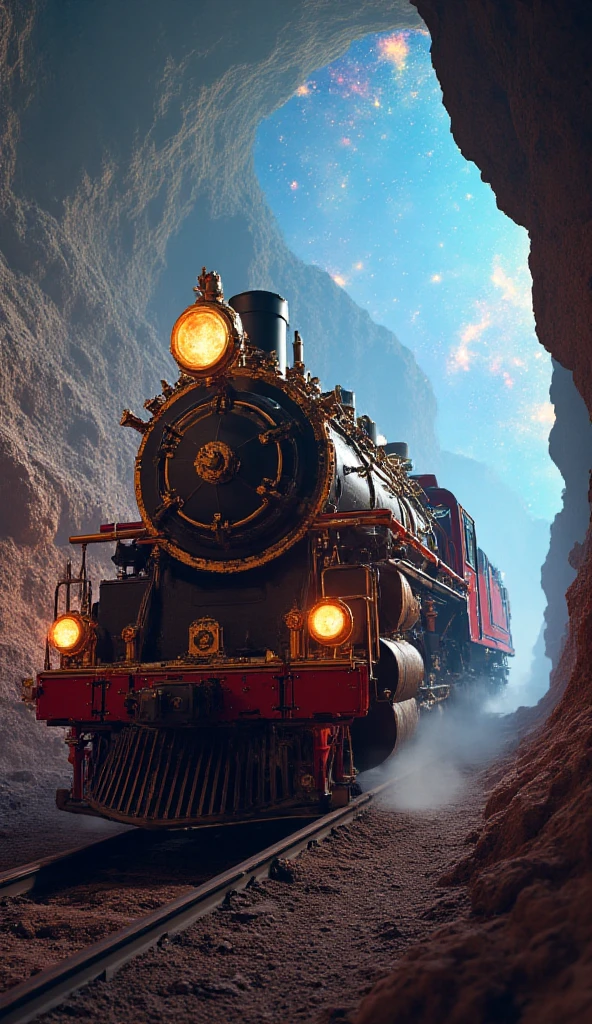 a time traveling train, highly detailed, cinematic perspective, dramatic lighting, steam punk, gears, copper pipes, glowing power sources, science fiction, efecto de velocidad como si pasara un agujero de gusano con muchos colores particulas lumínica, digital art, vibrant colors, dramatic shadows, photorealistic, 8k, best quality, masterpiece