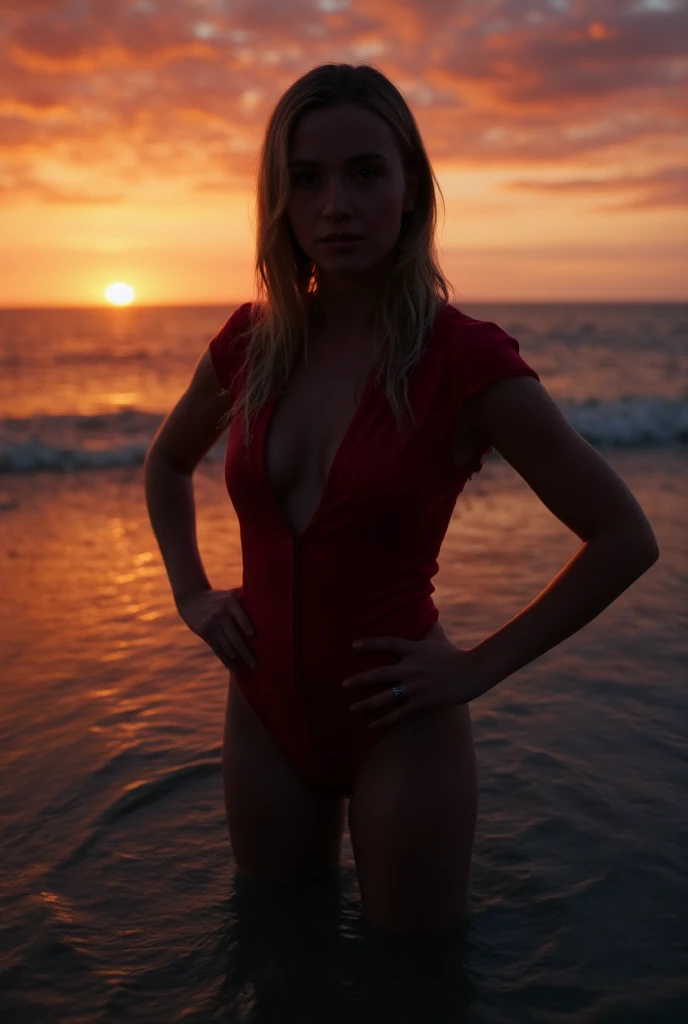 A very closeup torso half body Miami sunset portrait a 23 year old  young woman standing halfway inside the ocen water wearing a closed capsleeve lite wet shirt over her conservative polyester lifeguard onsie closed bathing suit, standing inside of the ocean facing the camera with her hands on her hips in the akimbo pose, she has noticiable veins on her arms because she is extremly fit,, She is facing the camera looking the viewer in the eyes,  long blonde hair freeflowing over her shoulders, light brown color hair, strong taut body type, she has strength viens on her arms, fit body, she has extremly pale skin, untanable skin, very bright white skin

Capsleeves are designed to cover the shoulder but not extend fully over the arm, often ending just past the shoulder. In this case, the woman's cap-sleeve gown is short enough that her armpits are visible. This could be due to the design of the shirt, or it could be a result of the pose she's striking. backlit, 

remember this photo is taken a night, extremly bright white flash, bright camera flash, sunset background

