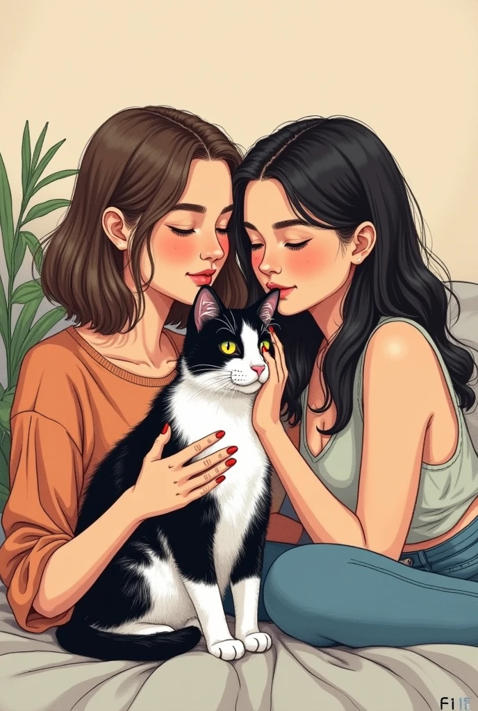 There are two women sitting next to a cat on a bed, com gatos ao seu lado, Directed by: Nandor Soldier, Gatos, by Amelia Peláez, there is a cat next to her, foto do perfil, foto do gato, 📷 Mungojerrie e Rumpleteazer, com gato pequeno no colo, Charli Bowater e Artgeem