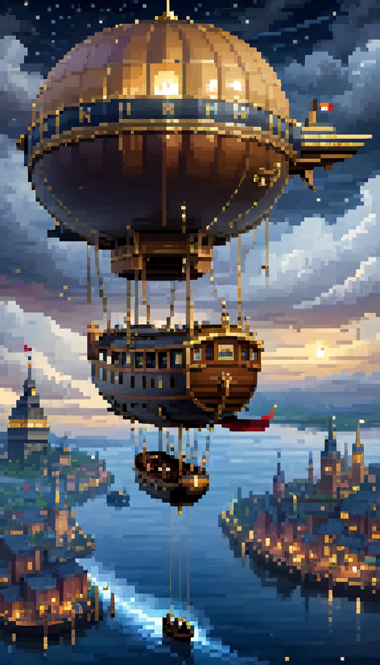 (1 envelope, 1 gondola a airship fantasy), pixel art, night, clouds, stars, sky, top down view, (best quality,4k,8k,highres,masterpiece:1.2),ultra-detailed,(realistic,photorealistic,photo-realistic:1.37),fantasy landscape, atmospheric lighting, moody colors, cinematic composition