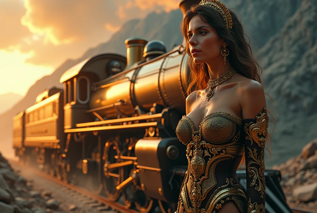 ((masterpiece, highest quality, Highest image quality, High resolution, photorealistic, Raw photo, Extremely detailed CG unified 8k wallpaper)), (huge stunning goddess shot, very hot and sexy, jaw-dropping beauty, perfect proportions, beautiful body, slim body beauty:1.4), Time-Traveling Train, 