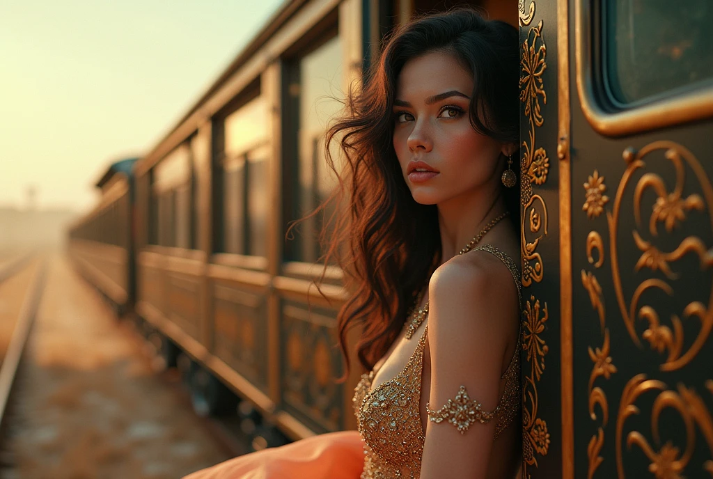 ((masterpiece, highest quality, Highest image quality, High resolution, photorealistic, Raw photo, Extremely detailed CG unified 8k wallpaper)), (huge stunning goddess shot, very hot and sexy, jaw-dropping beauty, perfect proportions, beautiful body, slim body beauty:1.4), Time-Traveling Train, 