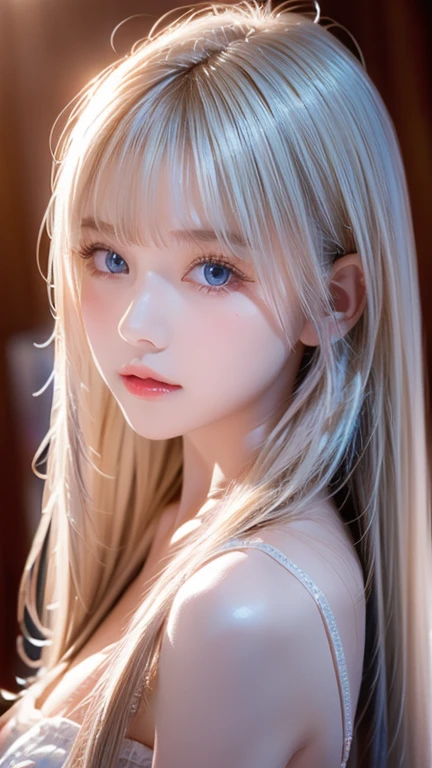  portrait、very white high school girl、Young, white, shiny skin 、Best Looks、Blonde Reflected Light 、 Platinum Blonde Hair with Dazzling Highlights 、Shiny bright hair、super long silky super long straight hair、Shiny, beautiful bangs、Shining, crystal clear, attractive, large, very bright ice blue eyes、A lovely young, cute, innocent  girl with a very beautiful innocent appearance 、 raise one arm、Full-bodied Esbian、 beautiful breasts、Small Face Beauty、round face、 bangs that fall over the eyes、Bangs between the eyes、 Cheek Gloss Highlights 