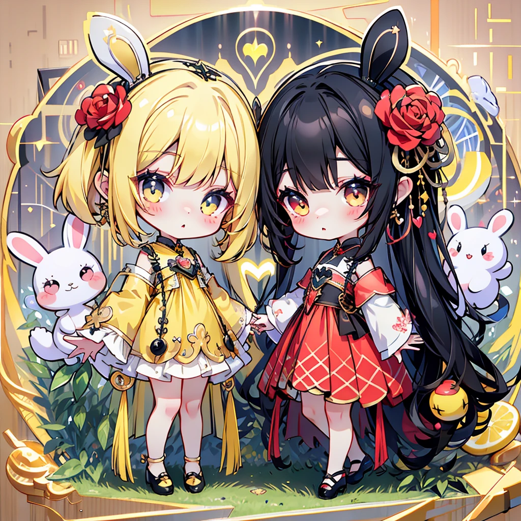  pretty face、Chibi、cute、My cheeks are flesh-colored 、（ beautiful eyes、 long lashes）、Black clothes、Flared long sleeves、 Shoulder-baring  、One piece flare skirt、Rabbit with stuffed toy、black and lemon yellow palette、Gothic Shoes、Positive、Black Rose、🌙、perfect anatomy、heart、