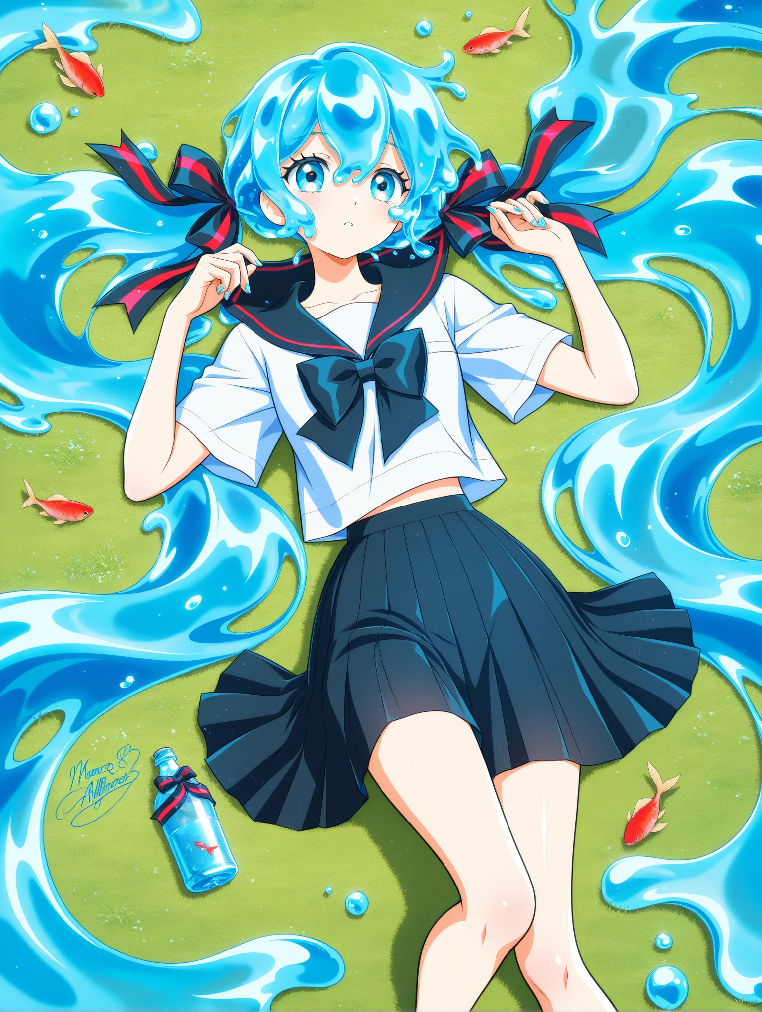 1girl, bottle miku, vocaloid, blue eyes, aqua eyes, liquid hair, very long hair, blue hair, aqua hair, twintails, hair ribbon, serafuku, skirt, fish, marco albiero, lying, grass                                                                                                                                                                                                                                                  
,masterpiece,best quality,newest,