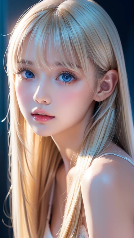  portrait、very white high school girl、Young, white, shiny skin 、Best Looks、Blonde Reflected Light 、 Platinum Blonde Hair with Dazzling Highlights 、Shiny bright hair、super long silky super long straight hair、Shiny, beautiful bangs、Shining, crystal clear, attractive, large, very bright ice blue eyes、A lovely young, cute, innocent  girl with a very beautiful innocent appearance 、 raise one arm、Full-bodied Esbian、 beautiful breasts、Small Face Beauty、round face、 bangs that fall over the eyes、Bangs between the eyes、 Cheek Gloss Highlights 