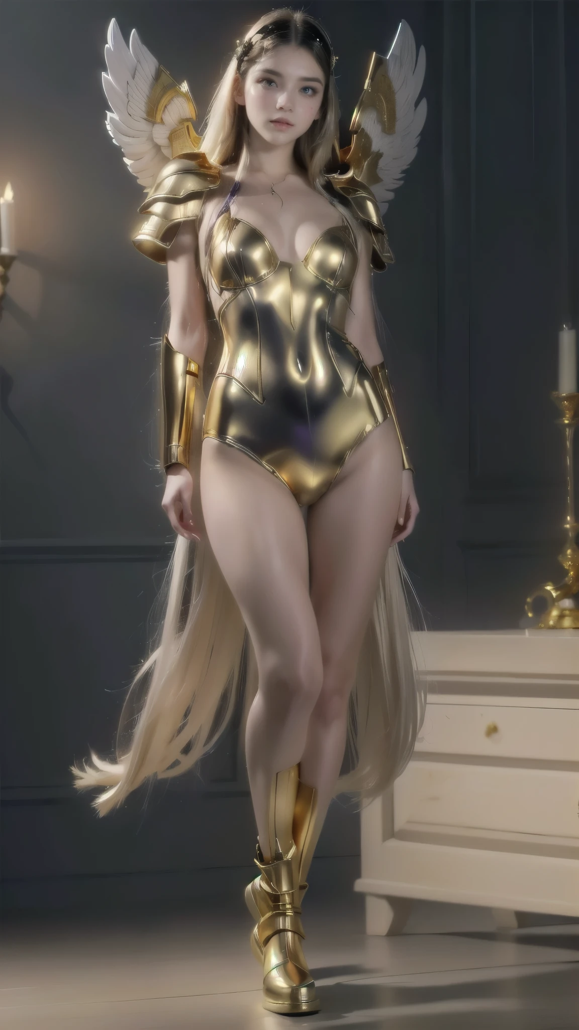 arafed woman in a golden armor with a sword, angelic  golden armor , angel knight girl,   girl knights of the zodiac  , angel in plastic armor, wearing golden armor, girl of armor, wearing  golden armor , golden armor,  golden armor , light golden armor, lady palutena,  in knight armor ,  golden armor ,  like a mystical valkyrie , 
([long hair hair]:1.8), ( full body :1.8), ( upper body:0.3), (hyper realistic:1.4), (realistic:1.3), ( best quality real textured skin ),  detailed eyes,   detailed face, Persephone, Hyperrealistic, FEWER saggy  , ( small :1.5), (huge legs:1.5), (LESS THIGHS:1.5),  perfect legs ,  perfect legs , added legs , added legs  e perfeitas,  shapely legs, toned thighs, added legs , Smooth thighs. (  pose :1.5), ( thick eyebrows :1.2), (big purple eyes:1.2), ( Ultra-detailed eyes :1.4), ( High-resolution eyes :1.1), ( ultra detailed skin texture :1.4), ( long boots :1.1), headband, (moist skin:1.1), (  face :1.5),
body proportions, (Chapped lips:1.4), (blush de nariz:1.2), foreshortening, black cuts, (eye contact), High contrast, ultra high resolution, high resolution, detailed, Clean face,  (  face :1.5), (big purple eyes:1.2), ( Ultra-detailed eyes :1.4), ( High-resolution eyes :1.1), ( ultra detailed skin texture :1.4), PERSEPHONE, Persephone, Persephone, (SFW:1.5),  (full body:1.8), (upper body up:0.3), (hyper realistic:1.4), (realistic:1.3), (best quality real texture skin), Detailed eyes, detailed face,
