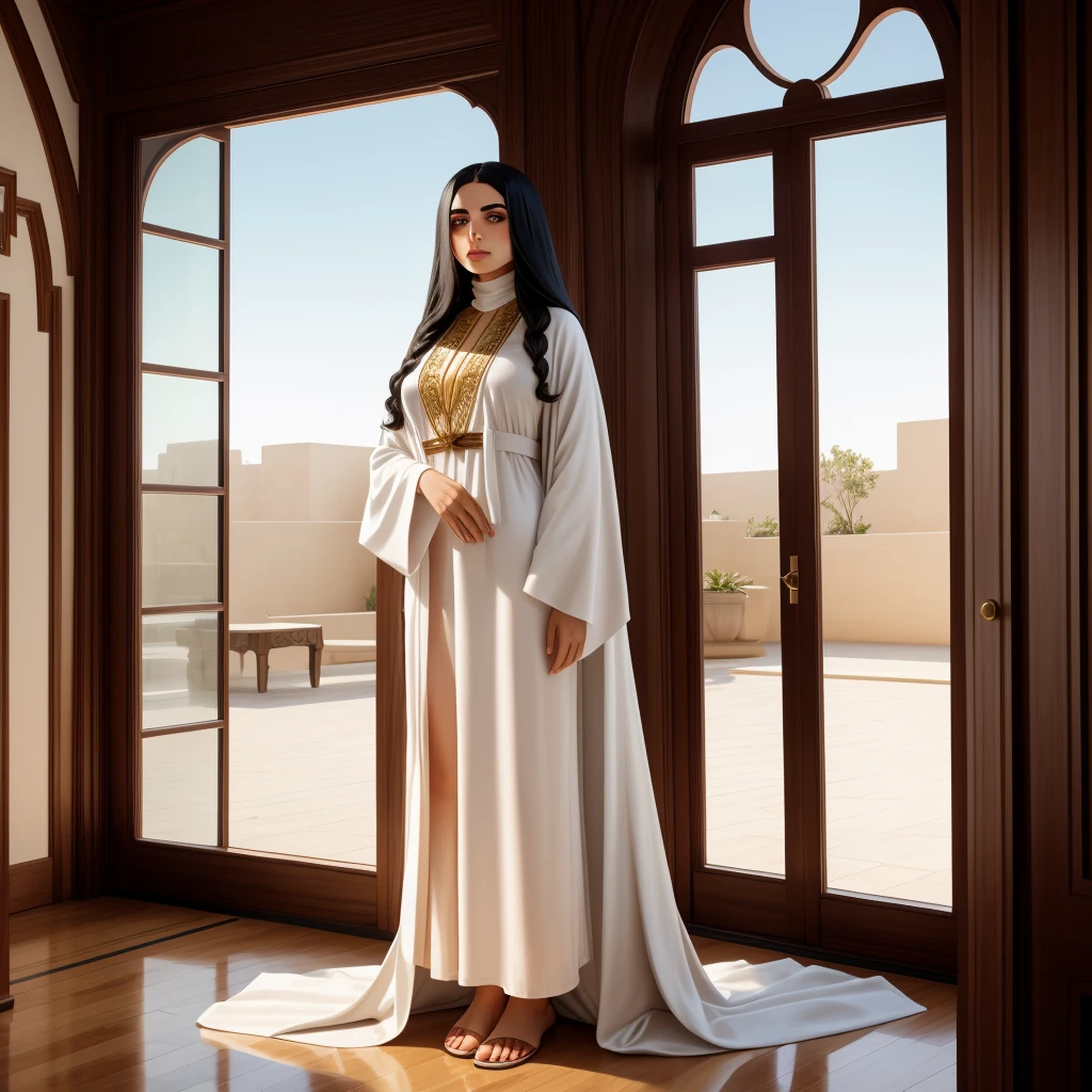 A beautiful portrait of a Middle Eastern woman,  long hair，Edgar Kaftan , A woman wearing a high neck robe , wearing Edgar Kaftan , Standing in front of a luxurious window，Half-length portrait