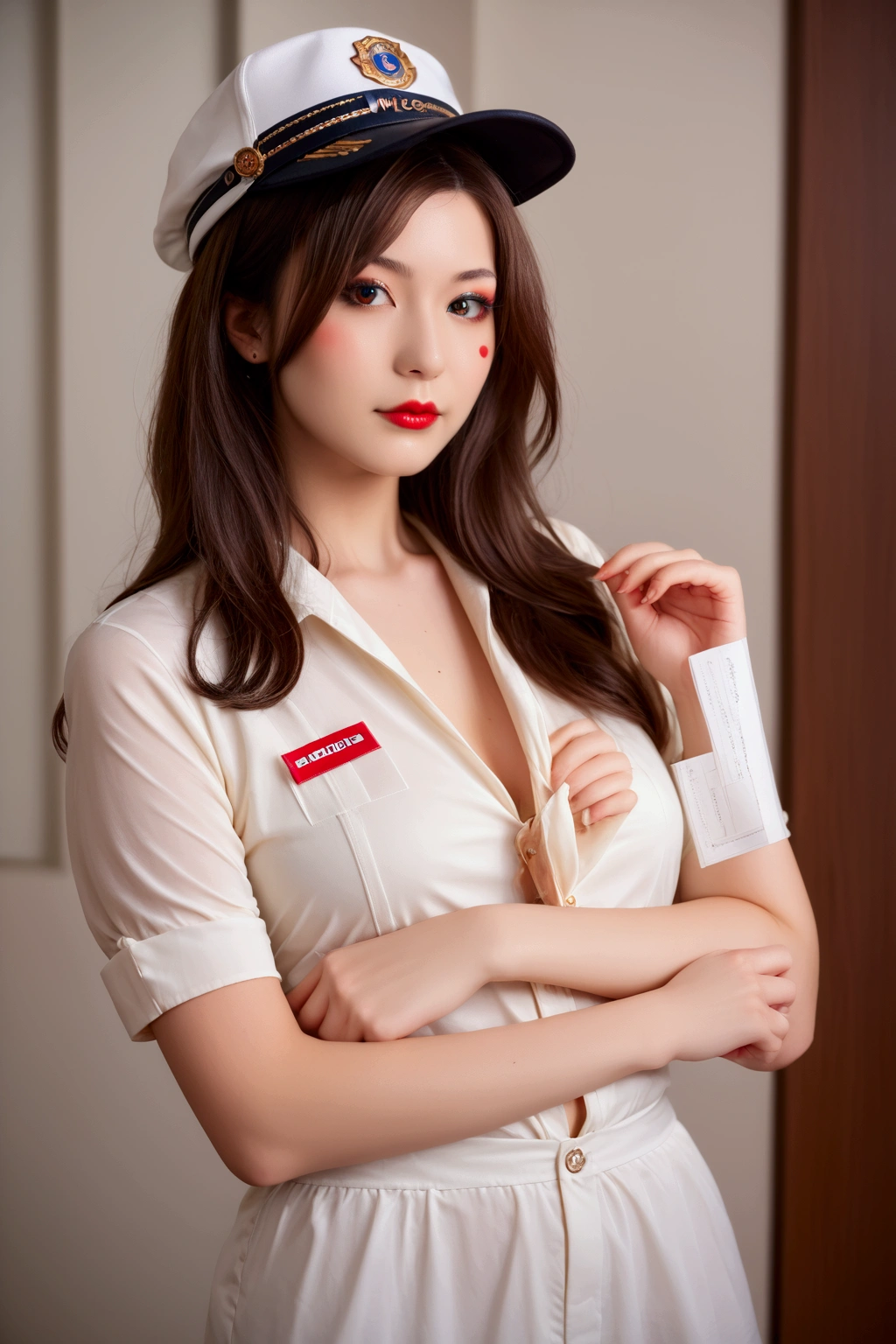 Masterpiece, realistic, super detail, women, A courier, wearing a hat, work shirt, and carrying a note, Her clothes are red and orange, beautiful, eyeliner, red cheeks, elegant pose.