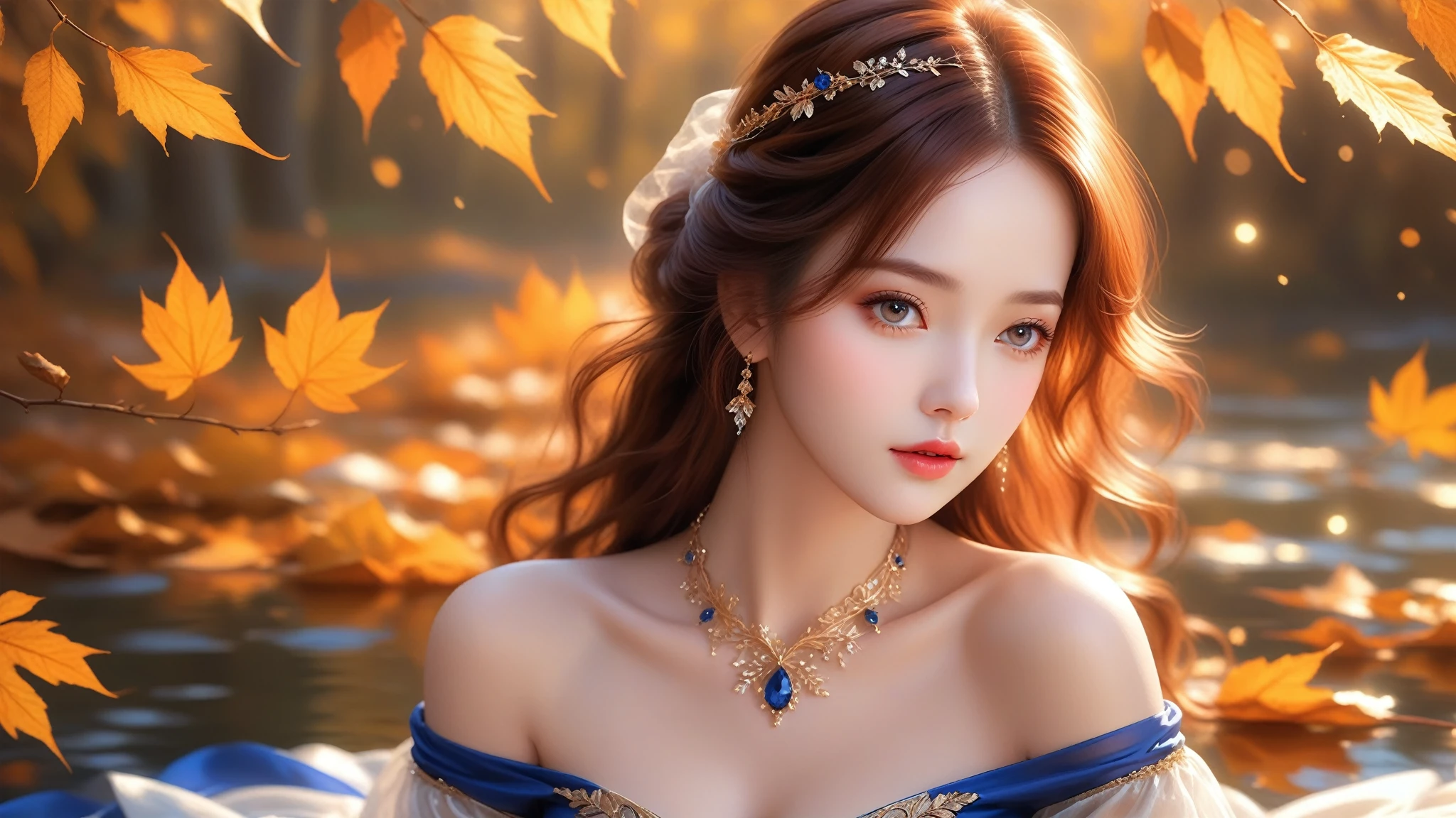 A Masterwork In 32K Resolution, Unmatched Quality, Ultra-Fine Details, Official Art, Supreme 32K Wallpaper, Gorgeous And Ethereal, Highly Detailed Features, Spellbinding Detail, Dutch Angle, Hyper-Realistic, Autumn Landscape. One Girl, Solitary, Auburn And Straight Hair, Long And Flowing, She Is Wrapped In Delicate, Sensuous Silk Fabric, Off-The-Shoulder, Highlight Her Ample Breasts, Sapphire Choker, Exquisite Cleavage, Moonlit Forest, Floating Glimmers Surrounding Her. The Composition Of Her Ethereal Beauty Is Otherworldly, With The Reflected Adding Depth And Magic, Enhanced By Gentle, Dreamlike Lighting That Captures Every Nuance. Her Sculpted, Angelic Face Shines Against The Golden Leaves, Illuminating Her Timeless Grace In This Astonishingly Realistic And Enchanting Scene.