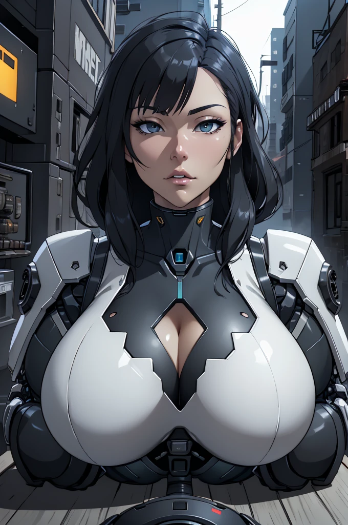 dark_fantasy,cyberpunk, (Best quality, table),white,1 woman,(huge breasts:1.7),Mechanical wonder,Robotic presence,Cyber guardian,wearing a cyber jacket,city,Highest quality digital art,awesome art, 4k wallpaper, highly detailed, Military Robots,army, Warzone,Black and white, Highest quality digital art, awesome art, 4k wallpaper,8k,64k included,hard drive,unparalleled masterpiece ever, dynamic lighting, cinematic, epic, Damaged mechanical components