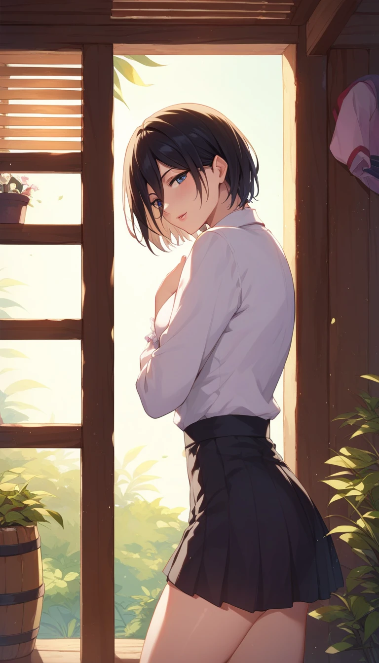 {{{masterpiece}}}, {{{best quality}}}, {{ultra-detailed}}, {illustration}, {{an extremely delicate and beautiful}},covering ace with both hands Mikasa Ackerman、clothed、background hut wall