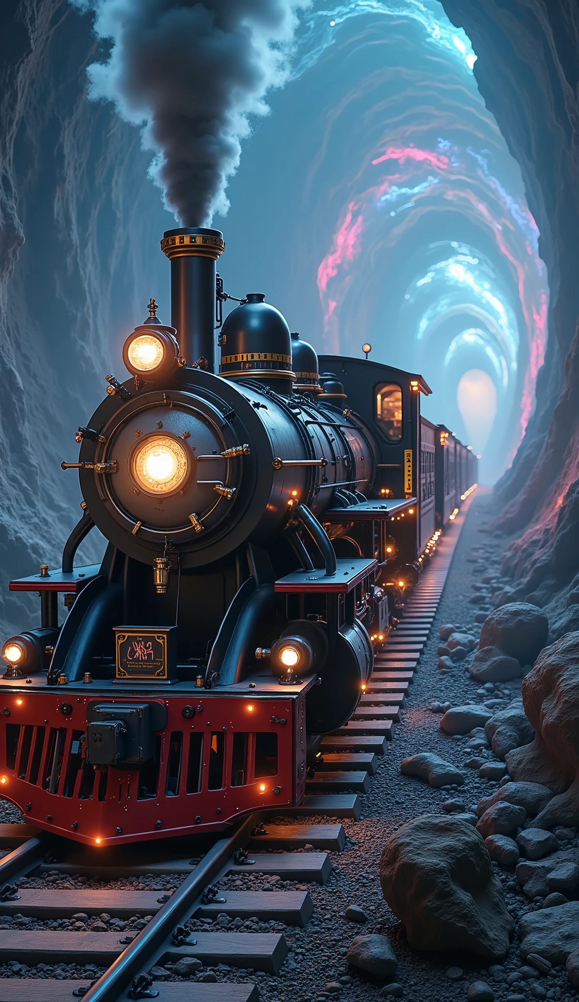 a time traveling train, highly detailed, cinematic perspective, dramatic lighting, steam punk, gears, copper pipes, glowing power sources, science fiction, efecto de velocidad como si pasara un agujero de gusano con muchos colores particulas lumínica, digital art, vibrant colors, dramatic shadows, photorealistic, 8k, best quality, masterpiece