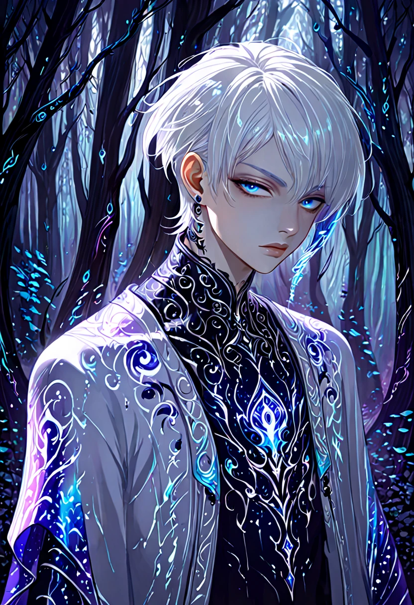 1boy, stylish boy, beauty face, fantasy character, aura art, ethereal atomosphere, fantasy art, in mysterious forest, ethereal atmosphere, white short hair, glance at me, good fashion, in the dark 