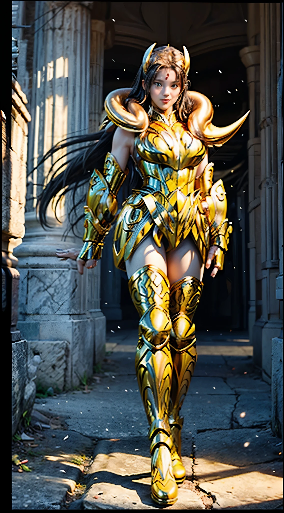 Aries Mu Armor, gold armor,1girl, armor, Dramatic skies, looking at the audience, armor, Shut up, Upper Body, Serious, helmet, On the Greek temple bridge, whole body. boots,Solo, Smile, Red Eyes, White long Hair, High Resolution, Masterpiece, High Details, High Quality, Super Detailed, Best Quality, huge boobs, feminisme, sexy, full body, The atmosphere is dramatic and cinematic, with soft, diffused lighting and a sense of quiet power and mystery." Highly detailed, photographic, full body, Athena temple, Belly appear, huge boobs, highly detailed