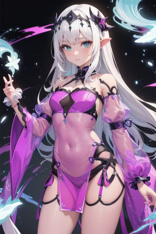 (MASTERPIECE), (Best Quality), (Ultra Detail), Official Art, One Girl, Silver-haired Loli, Petite Little Girl, Elf Loli, White and Gold See-Through Robe, Small Breasts, Cleavage, Off Shoulder, Underboob, Side Boob, Thigh Focus, Navel, Card Illustration, Deep Forest Fountain