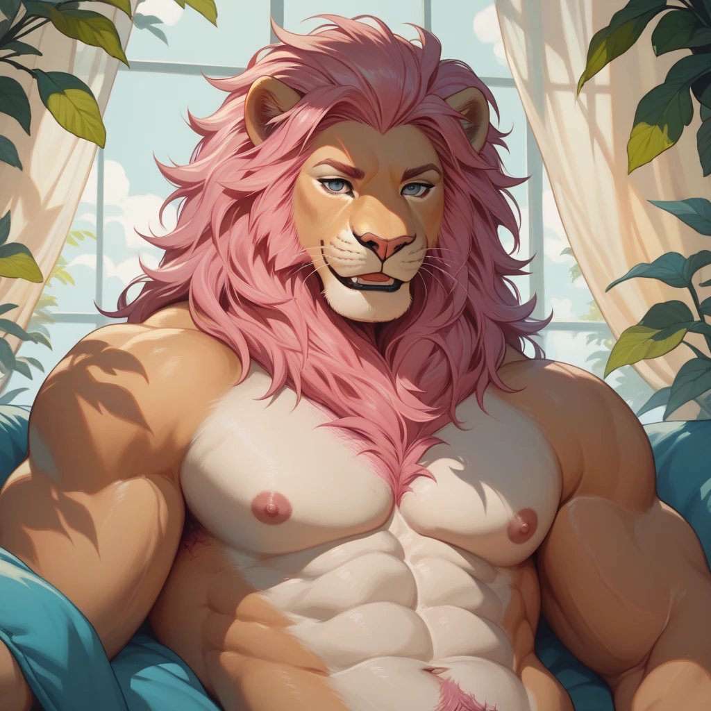 portrait, full body portrait, lion, detailed face, detailed eyes, beautiful eyes, pink fur, pink mane, long mane, huge mane, big mane, innocent face, looking at viewer, male, abs, big pecs, nipples, (bulge), toplesss, showing pecs, (underwear), muscular chest, muscular, muscular thighs, bodybuider body, beefy, lying down, bed, room background, bruteandbrawn, by personalami, by kenket, (intricate, high detail, film photography, soft focus, RAW candid cinema, photorealism, realistic, photorealistic, analog style, subsurface scattering, masterpiece, best quality, ultra realistic, 8k)