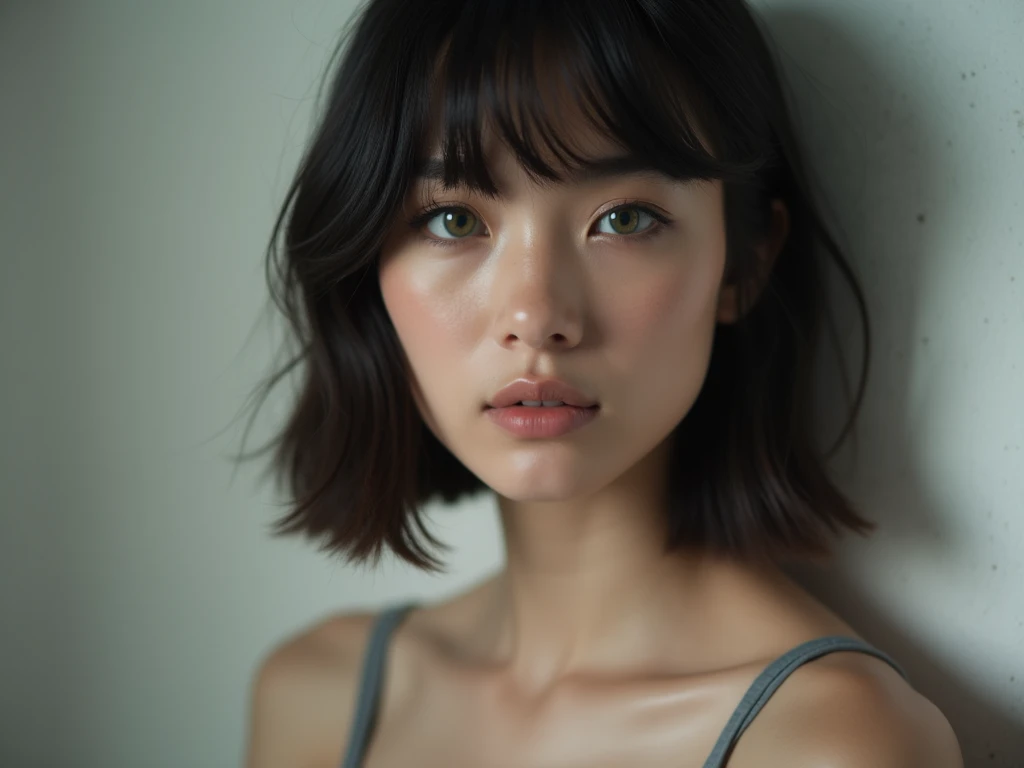 ((masterpiece , best quality ,face focus)), 27yo solo woman , no ties collared shirt , denim jeans , slender , flat chest , (jet-black medium hair , (messy hair:1.37) , Red eyes , dark circles under eyes:1.3) , (jig eyes , expressionless:1.7) , (smile: 0.1)