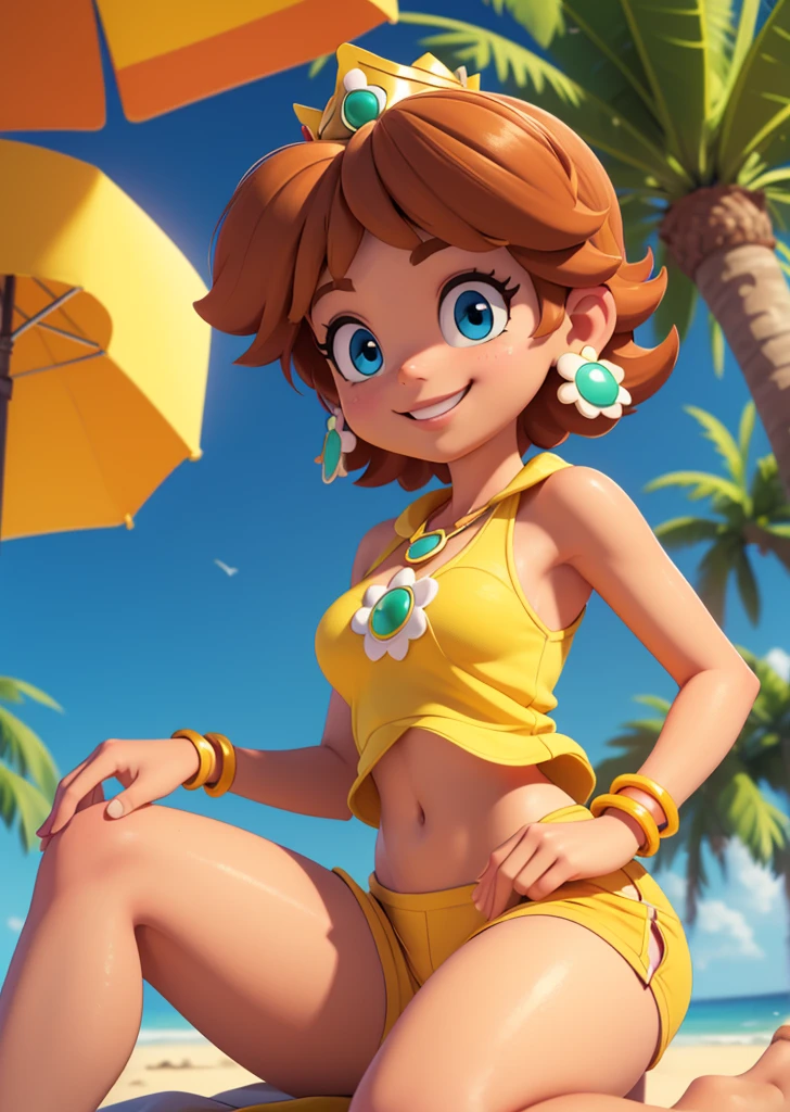 [Daisy_SM], [Princess Daisy], ((masterpiece)), ((HD)), ((high res)), ((solo portrait)), ((front view)), ((cartoon aesthetic)), ((detailed soft shading)), ((beautiful render art)), ((intricate details)), {(athletic figure), (brown tanned skin), (short brunette hair), (cute blue eyes), (small breasts), (toned body), (curvy hips), (beautiful legs), (defined feet), (cute excited grin)}, {(yellow tank top), (navel), (yellow lounge shorts), (green pendant earrings)}, {(sitting on beach towel), (looking at viewer)}, [ambient lighting, beach, sun rays]