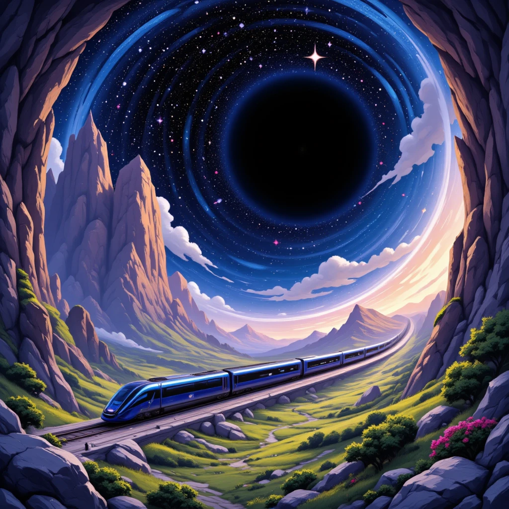 fantasy illustration art, ultra-modern train running through galaxy space, tunnel entrance that resembles black hole, gentle rural landscape after exiting the tunnel, seamlessly transitioning from space to rural scenery, train from another dimension, BREAK masterpiece, best quality, very aesthetic, absurdres, newest and recent, very aesthetic