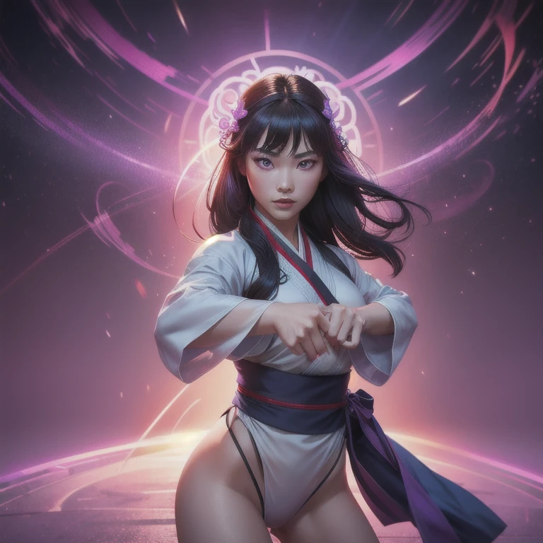 A beautiful Chinese girl, sharp eyes,  Clear facial features , vestindo Hanfu, Combat posture, Martial arts movements, Body surrounded by purple mist, runes around, holographic reality, holographic halo, motion blur, game light effects, side light, soft light, movie side light, delicate light, masterpiece,  super detailed , epic composition,  super high definition thong ,  high quality ,  highest quality , 32 mil