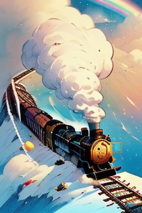 masterpiece，Illustration， best quality， high definition ，8ｋ， Details， a train that transcends time and space theme ，cute，Baby kitsune， look up , Flying Steams ，The background is a steam train running through a rainbow-colored sky， smoke flows，，