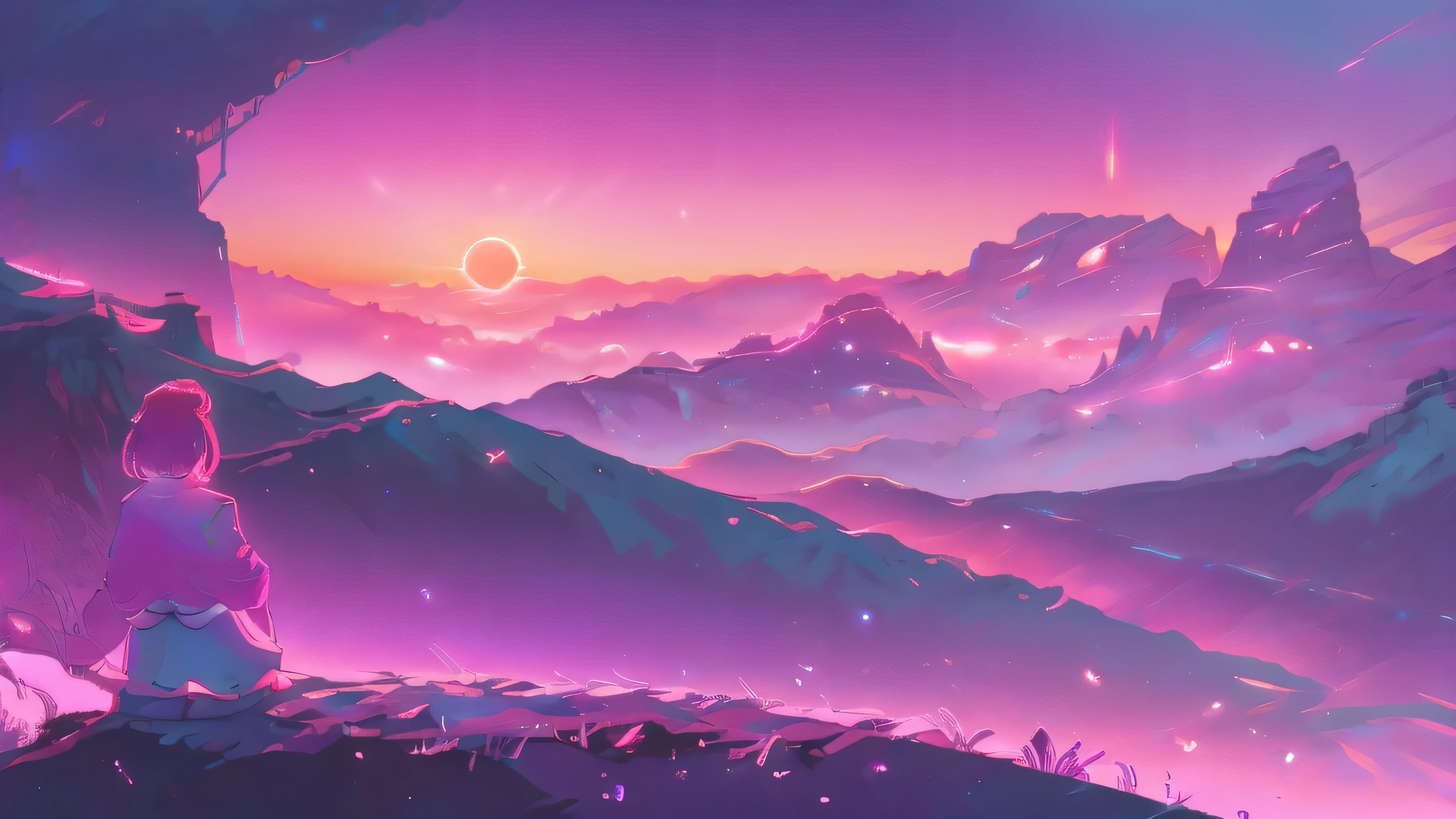 A stylized 1980s-inspired landscape featuring a glowing grid stretching toward a vibrant pink-and-purple horizon. A glowing sun sets behind mountains, casting ambient light.