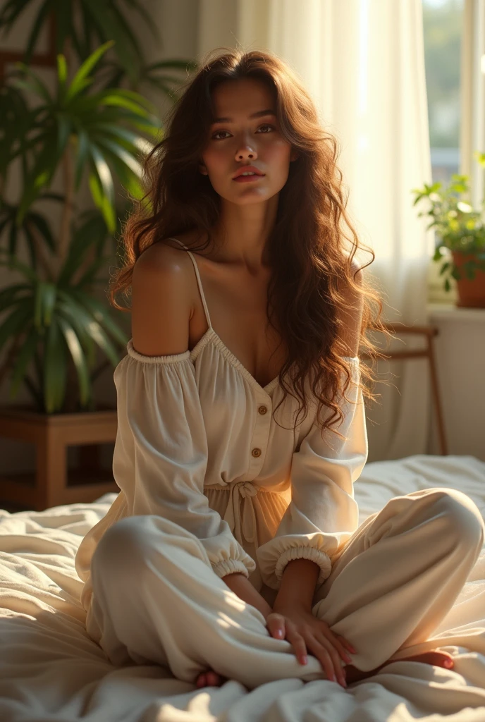 (photorealism:1.2), beautiful woman, sitting on bed, wearing loose off-shoulder top, pajama pants, long curly hair, indoors, soft lighting, plants in background, window with sunlight, cozy room, relaxed pose, realistic, intricate details, warm colors, by Greg Rutkowski, by Alphonse Mucha