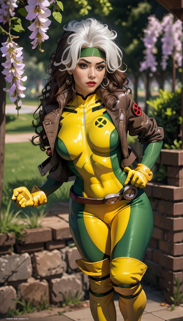 (obra de arte:1.0), (melhor_qualidade:1.2), Classic Rogue, X-Men Vampiras de 1991, 1 garota, apenas, Full body view, de frente para o espectador, hand on hips, pernas abertas, postura confiante, postura orgulhosa, medium length hair, cabelo castanho, Cabelo ondulado, uma mecha de cabelo branco, faixa verde, olhos verdes, olhar travesso, parted lips, curvy figure, seios grandes, batom, inventar, jaqueta de couro marrom, luvas, cinto solto, leggings justas, jaqueta aberta, knee high boots, Olhando para o visualizador, luz solar, luz do sol, fonte de luz lateral, (realismo: 1.5), (realista: 1.4), (Absurdo:1.4), 8k, ultra-detalhado, Mulher bonita detalhada, (apenas:1.4), 1 garota, fundo do jardim, paredes de pedra, arco e caminhos de pedra, wisteria trees, outside the mansion, Arte Oficial, papel de parede extremamente detalhado da unidade CG 8k, perfect lighting, Colorida, ultra high resolution, fotografia, 8k, HDR, Retrato Kodak 400, film grain, fundo desfocado, (Bokeh:1.2), Reflexo de lente, (vibrante_Cor:1.2), fotografia profissional, (chubby:1.2), (huge breasts:1.2), (wide hips:1.2)