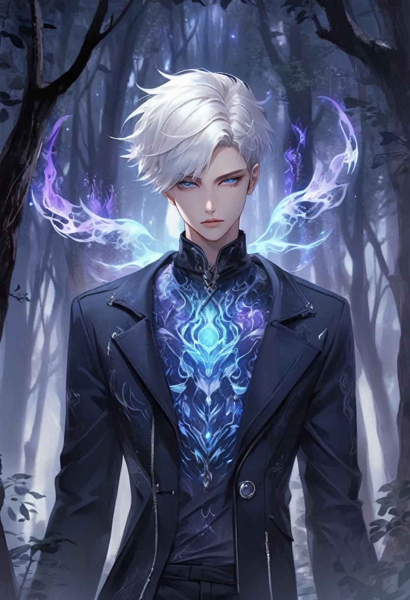 1boy, stylish boy, beauty face, fantasy character, aura art, ethereal atomosphere, fantasy art, in mysterious forest, ethereal atmosphere, white short hair, glance at me, good fashion, in the dark 