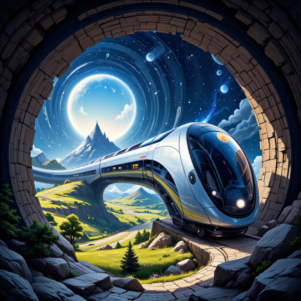 fantasy illustration art, ultra-modern train running through galaxy space, tunnel entrance that resembles black hole, gentle rural landscape after exiting the tunnel, seamlessly transitioning from space to rural scenery, train from another dimension, BREAK masterpiece, best quality, very aesthetic, absurdres, newest and recent, very aesthetic