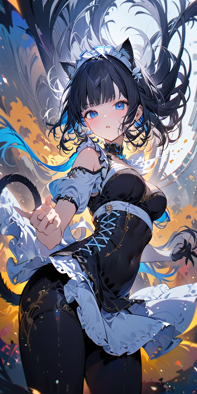 1girl, absurdly long black hair blunt bangs, blue eyes, cat ears, cat tail, chestnut mouth, large breast, open shoulder maid uniform, high waist short skirt, wind browing, floating hair, beautiful fingers, white background, contrapposto, cool expression, from below, look at viewer, soft focus, lens flare, masterpiece, best quality, vivid light color, Vector Art, 2D flat, simple shapes, professional graphic, flat color, Sleek design, 1girl, absurdly long black hair blunt bangs, blue eyes, cat ears, cat tail, chestnut mouth, large breast, open shoulder maid uniform, high waist short skirt, wind browing, floating hair, white background, contrapposto, cool expression, from below, look at viewer, soft focus, lens flare, masterpiece, best quality, Matte frosted color, Vibrant colors, Layering impasto (oil painting:1.1), ultra-detailed texture, perfect composition, intricate details, high resolution, High contrast, sharp focus, Delicate brushwork, ,AddXL,Dream Scenery