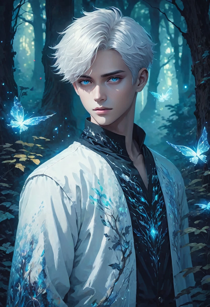 1boy, stylish boy, beauty face, fantasy character, aura art, ethereal atomosphere, fantasy art, in mysterious forest, ethereal atmosphere, white short hair, glance at me, good fashion, in the dark 
