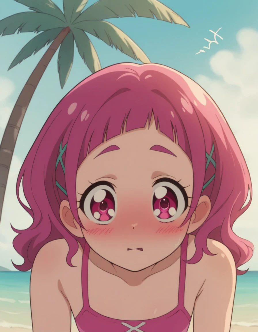 The 9th Hana, Pink Eye,  Pink Hair,  long hair,  Short Bang ,  hair clips,   x hair ornament 、 small chest, (cute pink swimsuit )、 High Quality , Alone、(sea、 palm tree),  Blushing , ( cowboy shot), (blush、Surprise face、Open your mouth wide))、( on all fours、Backwards、look back、 showing your butt to the viewer )、 sex 、 sex 、 sex 