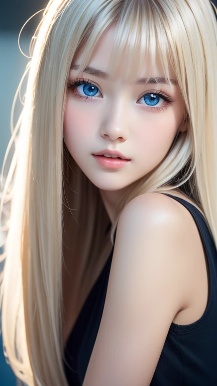  portrait、very white high school girl、Young, white, shiny skin 、Best Looks、Blonde Reflected Light 、 Platinum Blonde Hair with Dazzling Highlights 、Shiny bright hair、super long silky super long straight hair、Shiny, beautiful bangs、Shining, crystal clear, attractive, large, very bright ice blue eyes、A lovely young, cute, innocent  girl with a very beautiful innocent appearance 、 raise one arm、Full-bodied Esbian、 beautiful breasts、Small Face Beauty、round face、 bangs that fall over the eyes、Bangs between the eyes、 Cheek Gloss Highlights 