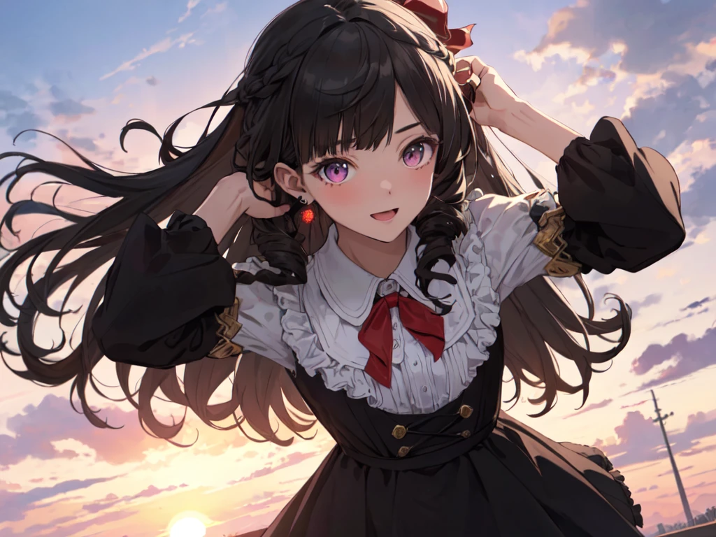 Solo, 1 girl, (human ear, earring), (young face, flat chest), (black hair, vertical rolls, long hair, hair tied in a big red ribbon, flower in bangs), (ecstatic expression), (lying face down, hands on head), (black casual dress with ruffled sleeves, black skirt with ruffled skirt), (sunset sky, sunset sun, evening sky), (focus on chest, oblique angle), (high resolution, masterpiece, accurate, anatomically correct, multiple awards, top quality, detailed, high quality model, high quality, quality, retina, highly detailed, textured skin, ultra high resolution).