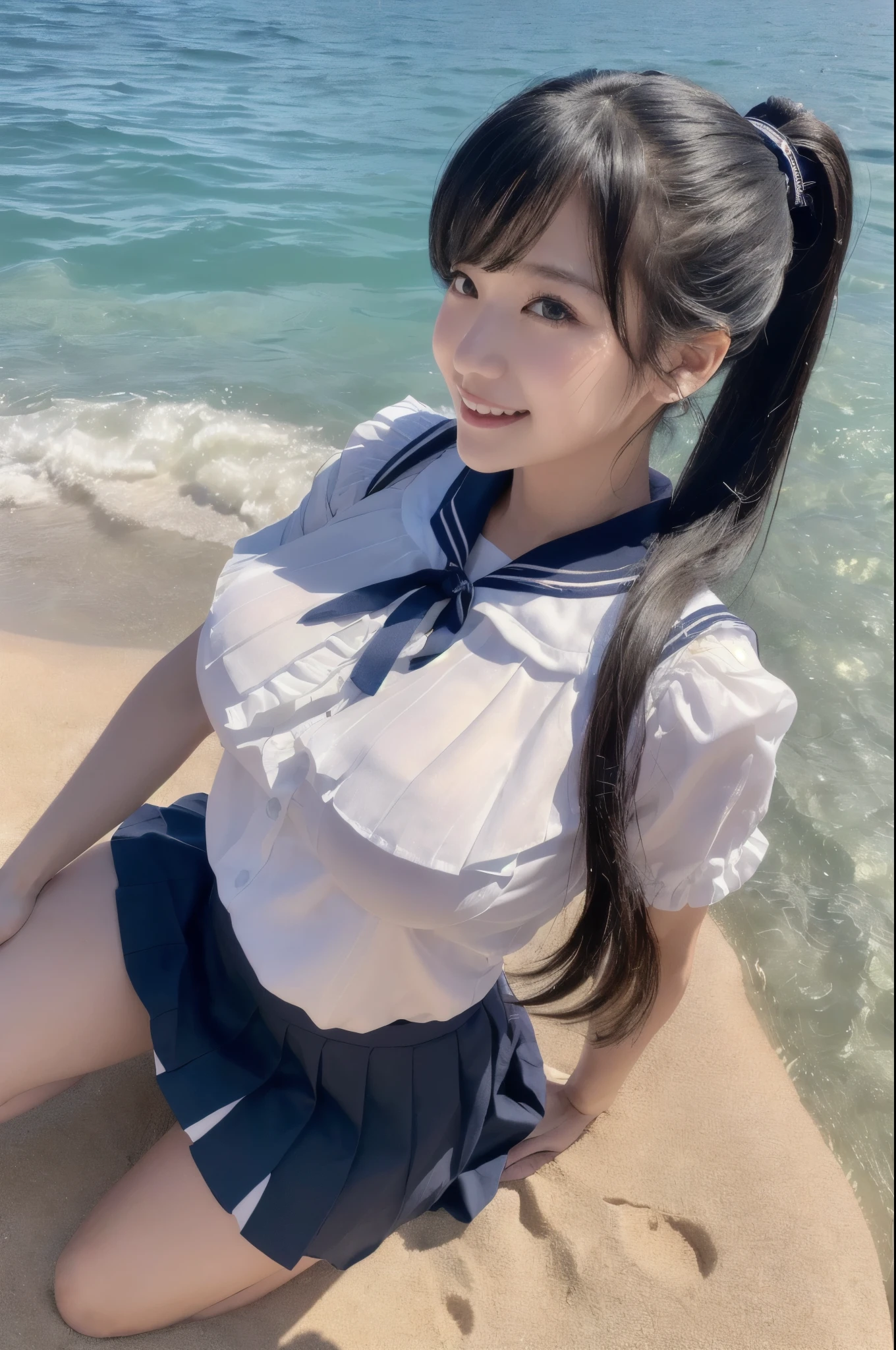 selfie, ((beautiful anime eyes with fine detail)), (((very cute, 1girl))), ((solo)), (()), (big breast:1.8), nsfw, ((beautiful anime eyes with fine detail)), (smile:1.3), realistic skin, ((((sailor suit)))), ((suit lift)),  ((showing nipples)), (Navy blue pleated mini skirt), The sea shining like a jewel, ((be soaked in water))