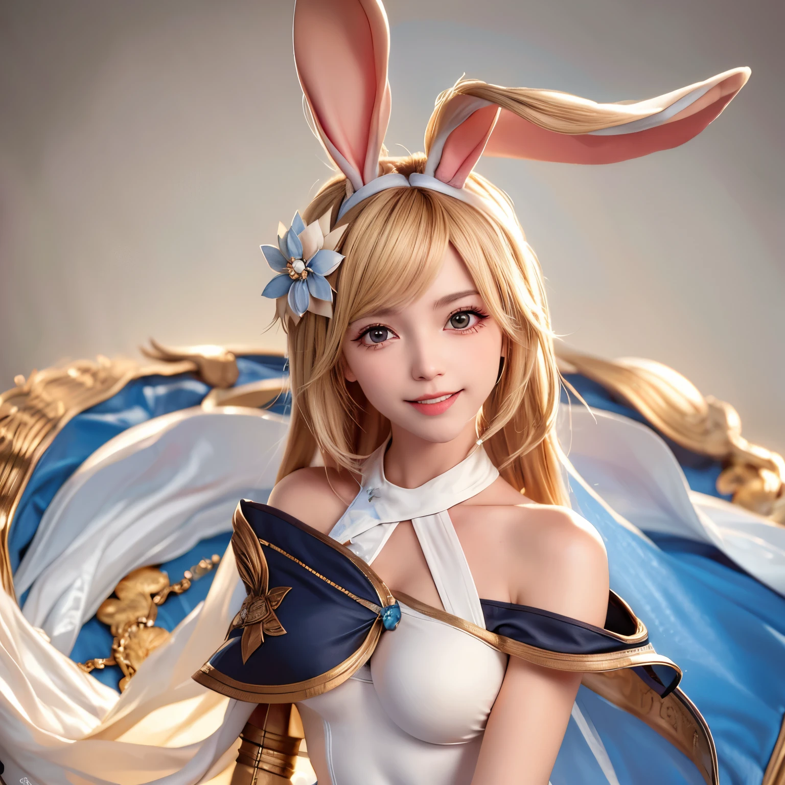 1 girl, Djeeta,(masterpiece,  Best Quality :1.2),  perfect face,  perfect eyes, cowboy shot,  sinister smile,  looking at the viewer,  blond hair ,  hair flower ,  rabbit ears ,  brown eyes , djeetasage , leotard,  wrist bracelets , perfect hands, cape,  white pantyhose , Great Anatomy ,