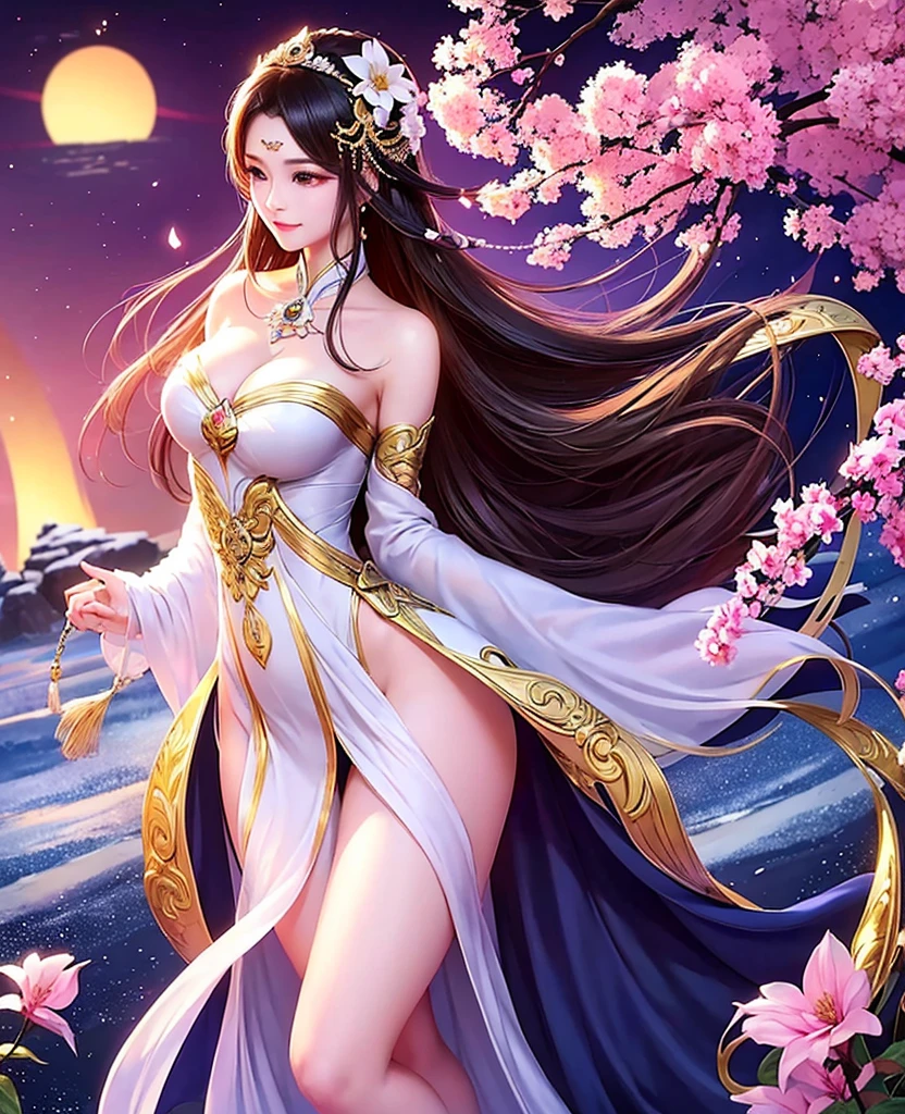 (masterpiece、highest quality、highest quality、official art、beautiful beautiful:1.2)、(1 girl)、very detailed、(fractal art:1.3)、colorful、most detailed,(Pose with movement:1.4)、Details Beautiful and delicate features、Beautiful details and delicate eyes、very fine resolution, (symmetrical eyes:1.3),((japanese hair)),((natural smile)),Floral,feather