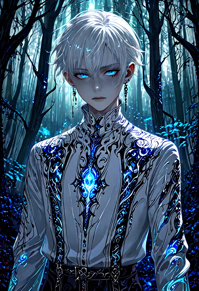 1boy, stylish boy, beauty face, fantasy character, aura art, ethereal atomosphere, fantasy art, in mysterious forest, ethereal atmosphere, white short hair, glance at me, good fashion, in the dark ,A highly detailed digital painting of a young man in a mysterious forest setting, exuding an enigmatic and intense aura. The character has short, snowy-white hair with a tousled, slightly edgy look. His piercing blue eyes have a sharp, almost ethereal glow, adding to his otherworldly appearance. He wears a finely detailed, high-collared shirt with dark, intricate floral patterns and vivid crimson splatters that resemble bloodstains, blending seamlessly with the dramatic ambiance. A glowing, cyan-colored pendant hangs from his neck, contrasting with the dark tones of his attire. The forest background is dimly lit, with tall, shadowy trees and faint shafts of light breaking through the canopy, creating an eerie yet mesmerizing atmosphere. The overall mood is dark, dramatic, and hauntingly beautiful, with a focus on contrasting light and shadow, fine details in the clothing, and the glowing elements