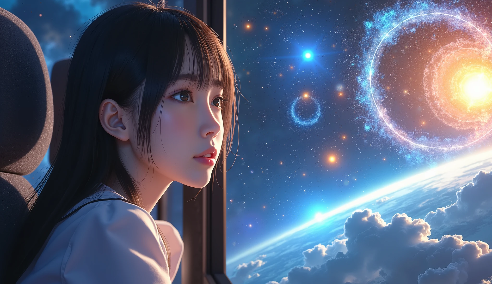 Anime girl looking out of window at planets and stars - SeaArt AI