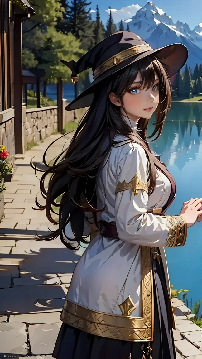 a man together with his wife wearing a wizard's tunic, hair black, with a wizard's hat, walking along a medieval style road, with mountains in the background, lake in the background, with the sun reflecting on the place,very detailed, masterpiece, high quality, ultra resolution, 4k hd.
