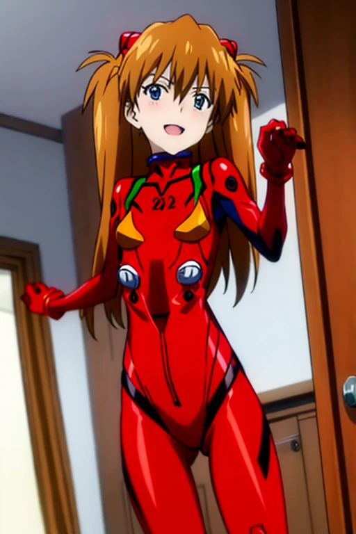 (( best quality)), ((masterpiece)), (be familiar with),  perfect face, indoor, bedroom,  watching viewers ,
One woman,  Soryu Asuka Langley ,
 characters with open mouth ,  ecstatic expression with hands in front of body, blush, smile,
Small breasts,  flat chested, Young girl, Lori,  s,  girl,
 long hair,  twin tails,
Leg spread,