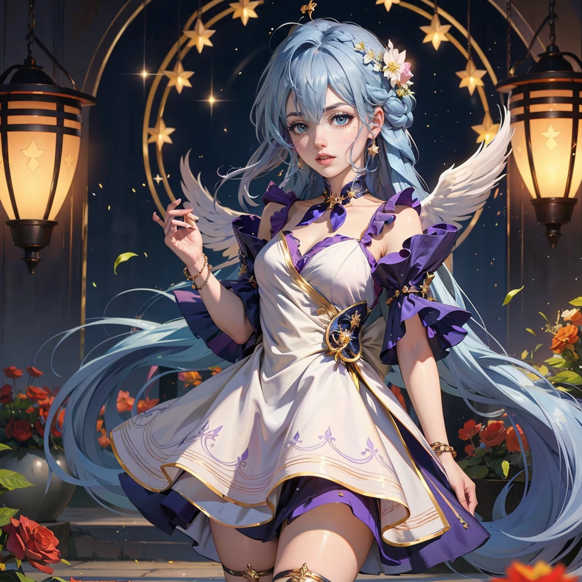 Robin_(Honkai star rail), 1girl, dress, jewelry, blue hair, flowing hair, long hair, solo, white roses, angel wings, firefly, long flowing hair, floating hair, ornament hair, Looking at the viewer, flowing hair, magical girl, Beautiful Eyes, maid, maid dress, maid headdress, white headdress, maid apron, white apron, dress with too many frills, white dress, purple laces, white Short skirt, skirt with layers, small skirt, Drape clothes, purple gem, Lace trim, lux garden, luxury gold details, gold jewelry, more details, best quality, blushing, Striped Lace Stockings, short skirt, sparkle, solo, centered girl, cowboy shot, glowing hair, magical girl, sparkles, more details on her clothes, dress with transparency, golden details on her dress, night, oriental lanterns