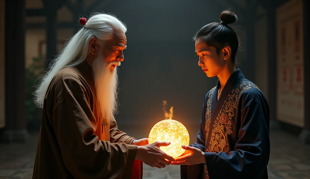 "An elderly Asian man (Thầy Tích), with long white hair and wearing a brown traditional áo dài, extends a glowing, ancient rope towards a young Asian man (Master Hoàng). Hoàng, a youthful figure with a curious expression, is dressed in a modernized dark blue áo dài with subtle Đông Sơn patterns. The room is dimly lit with the rope's soft glow illuminating their faces, creating an atmosphere of mystery and reverence, shot in cinematic 4K quality."