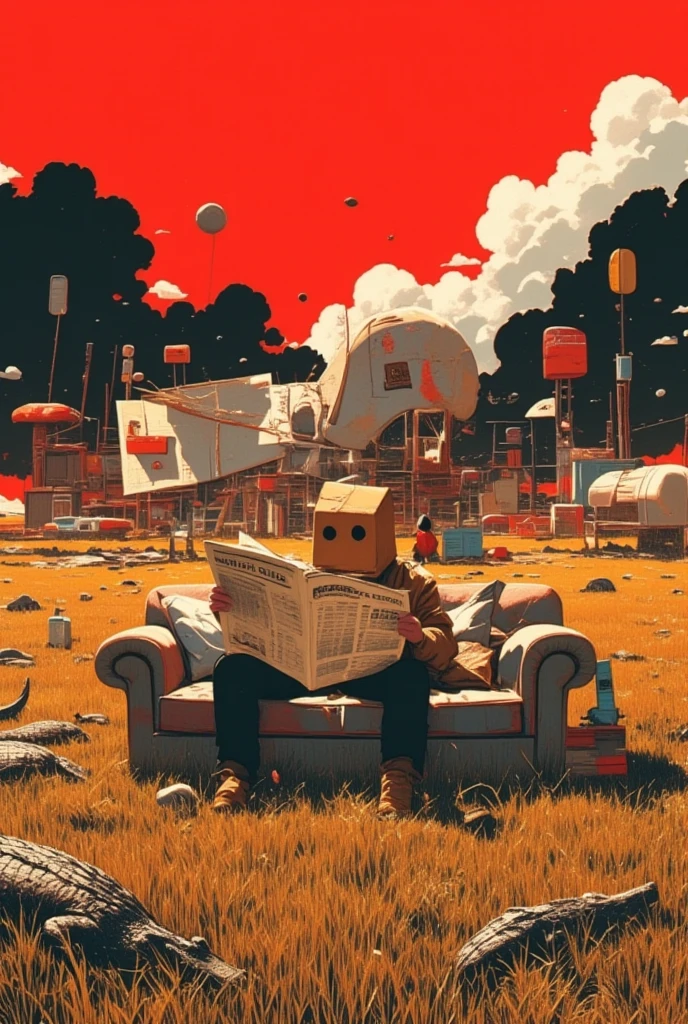  There is a man sitting on a sofa in the field, wearing a paper bag, and reading a newspaper , Ultra Realistic Composition ,  surreal style ,  neo-surrealist   .   digital art  , surrealistic   digital art  work,  Surreal Scene , Surreal Photography, surreal 3 d render,   surrealist conceptual art   ,  Dreamy Art , Surreal Photographygraphy,  surrealist photography ,   surreal digital art   ,  alexander jansson style ,  collage style Jose Baelorza、 collage by Yokoo Tadanori 、Items floating in the air 、LOTS OF ITEMS 、Red Sky、 black clouds、巨大な看板、Crocodile、 Ultra High Definition,  Very detailed, 