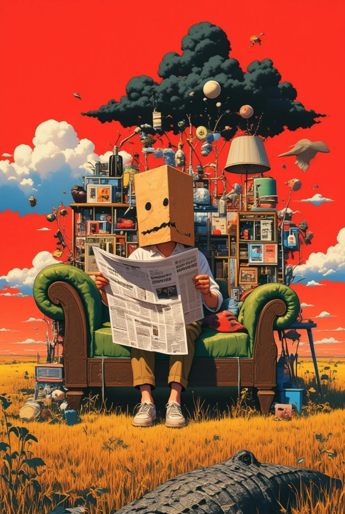  There is a man sitting on a sofa in the field, wearing a paper bag, and reading a newspaper , Ultra Realistic Composition ,  surreal style ,  neo-surrealist   .   digital art  , surrealistic   digital art  work,  Surreal Scene , Surreal Photography, surreal 3 d render,   surrealist conceptual art   ,  Dreamy Art , Surreal Photographygraphy,  surrealist photography ,   surreal digital art   ,  alexander jansson style ,  collage style Jose Baelorza、 collage by Yokoo Tadanori 、Items floating in the air 、LOTS OF ITEMS 、Red Sky、 black clouds、巨大な看板、Crocodile、 Ultra High Definition,  Very detailed, 