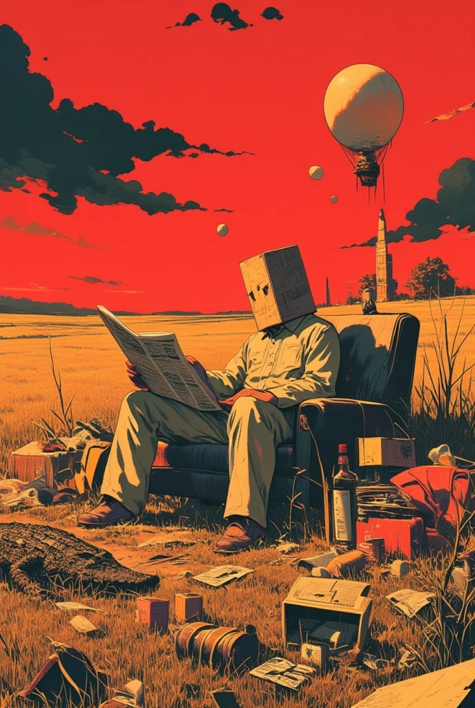  There is a man sitting on a sofa in the field, wearing a paper bag, and reading a newspaper , Ultra Realistic Composition ,  surreal style ,  neo-surrealist   .   digital art  , surrealistic   digital art  work,  Surreal Scene , Surreal Photography, surreal 3 d render,   surrealist conceptual art   ,  Dreamy Art , Surreal Photographygraphy,  surrealist photography ,   surreal digital art   ,  alexander jansson style ,  collage style Jose Baelorza、 collage by Yokoo Tadanori 、Items floating in the air 、LOTS OF ITEMS 、Red Sky、 black clouds、巨大な看板、Crocodile、 Ultra High Definition,  Very detailed, 