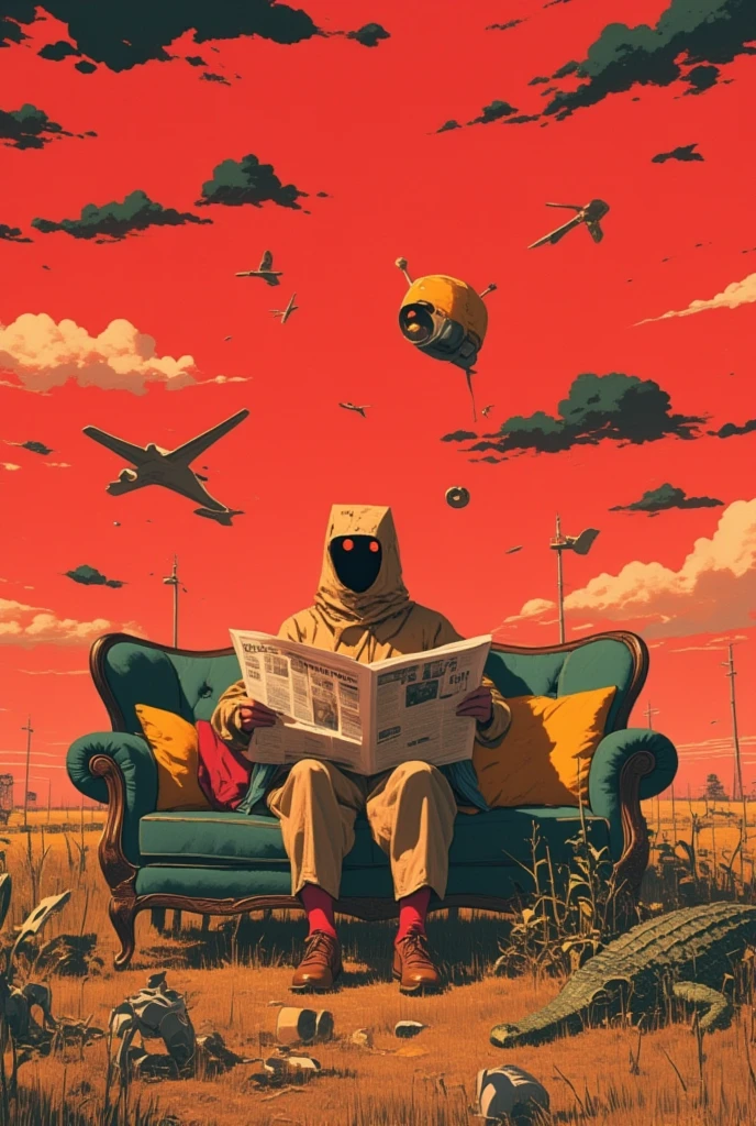  There is a man sitting on a sofa in the field, wearing a paper bag, and reading a newspaper , Ultra Realistic Composition ,  surreal style ,  neo-surrealist   .   digital art  , surrealistic   digital art  work,  Surreal Scene , Surreal Photography, surreal 3 d render,   surrealist conceptual art   ,  Dreamy Art , Surreal Photographygraphy,  surrealist photography ,   surreal digital art   ,  alexander jansson style ,  collage style Jose Baelorza、 collage by Yokoo Tadanori 、Items floating in the air 、LOTS OF ITEMS 、Red Sky、 black clouds、巨大な看板、Crocodile、 Ultra High Definition,  Very detailed, 